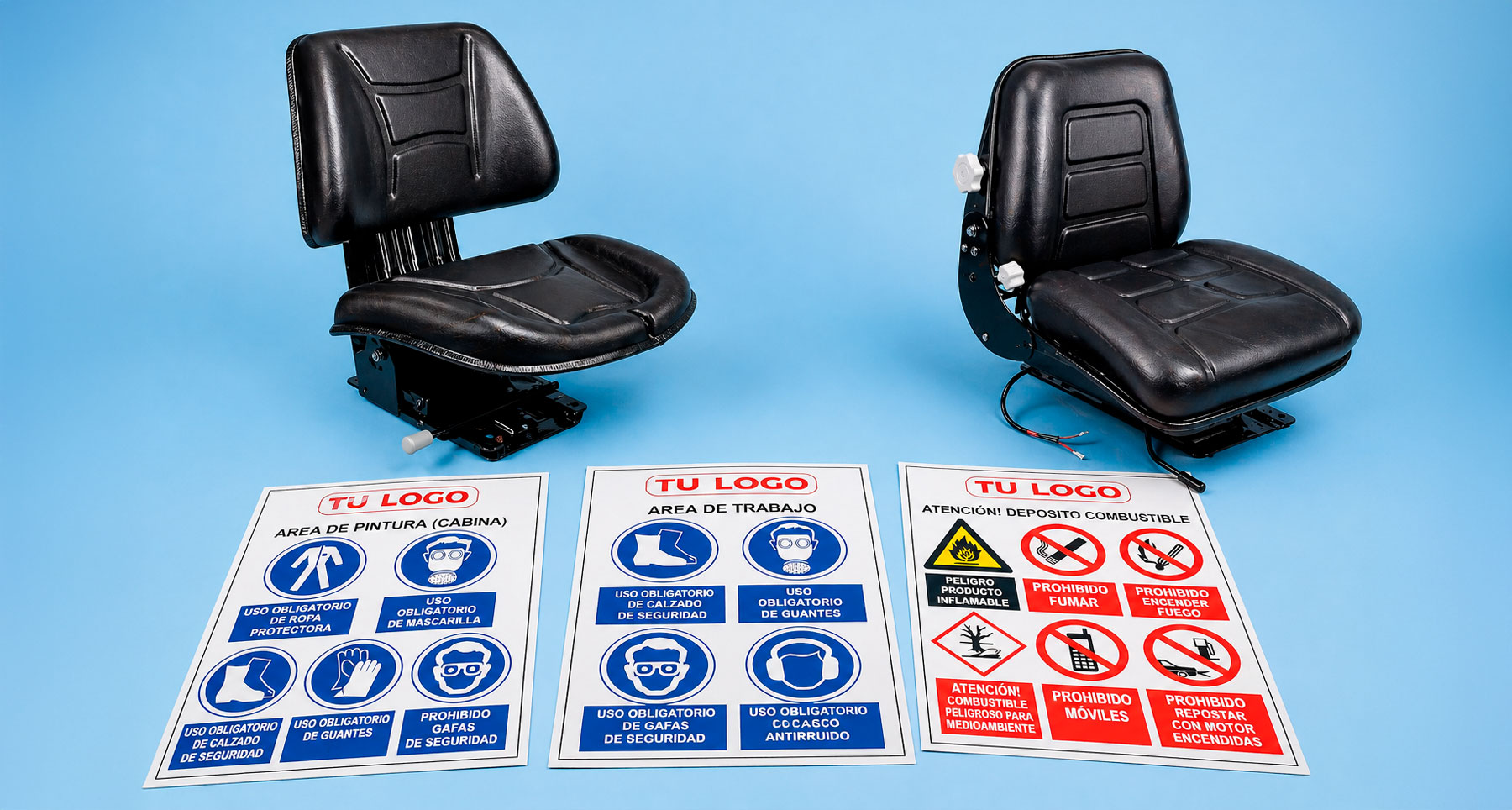 Dos asientos ergonómicos para maquinaria industrial junto a kit de adhesivos de señalización de seguridad, sobre fondo azul claro en estudio