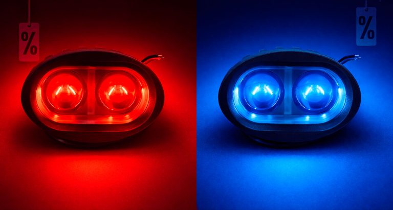 Foco LED industrial de doble lente encendido, con una luz roja en el lado izquierdo y azul en el derecho, sobre fondo degradado rojo y azul con efecto luminoso premium.