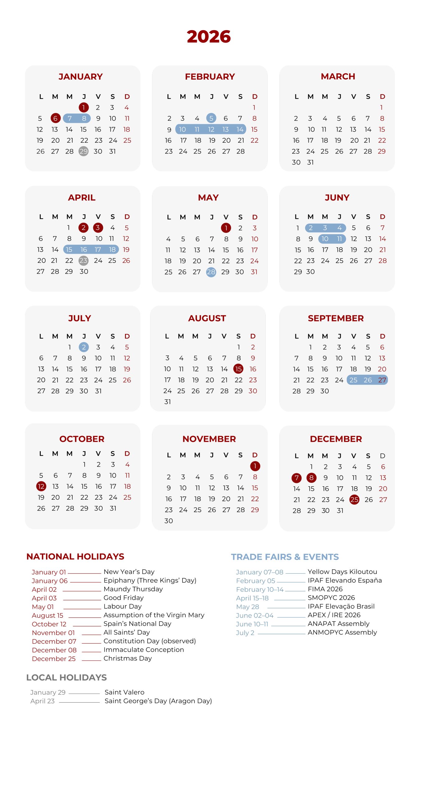 CALENDARIO INGLES 2026