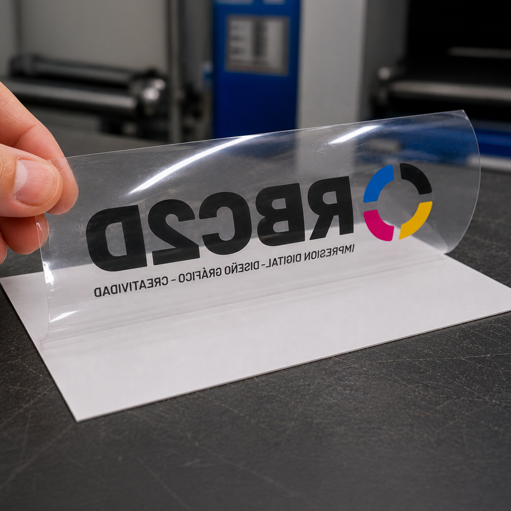 Vinilo transparente impreso y troquelado para aplicaciones de rotulación y personalización gráfica.
