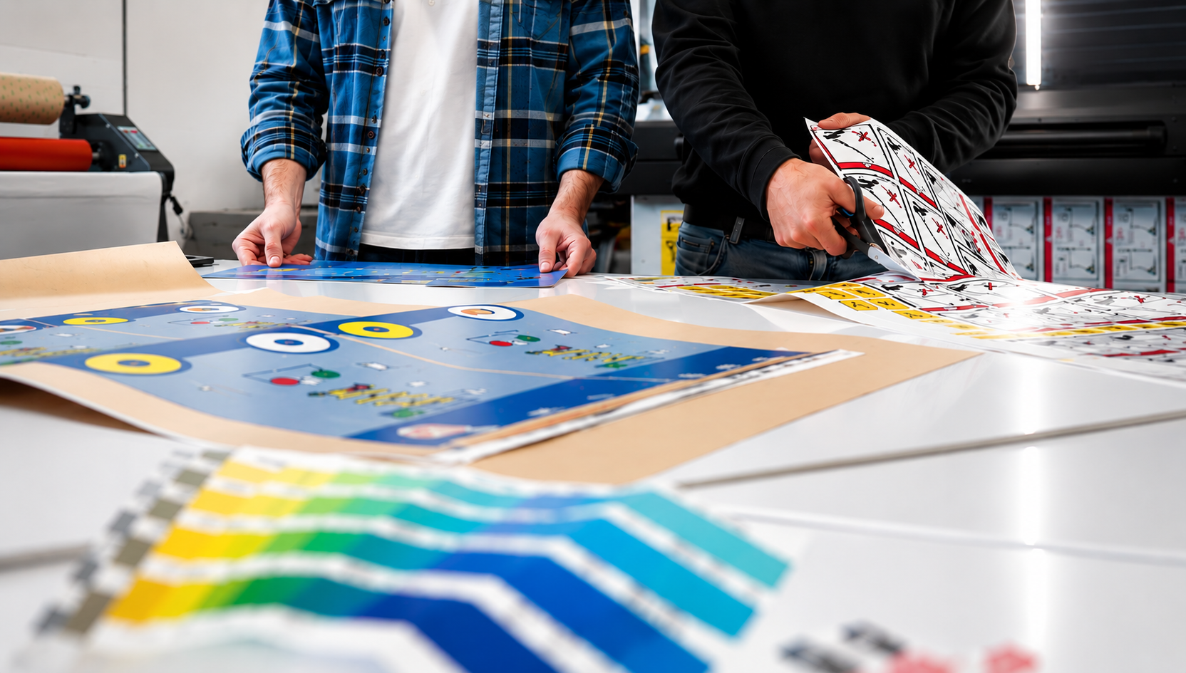 Equipo de diseño e impresión trabajando en la planificación y desarrollo de proyectos gráficos personalizados.